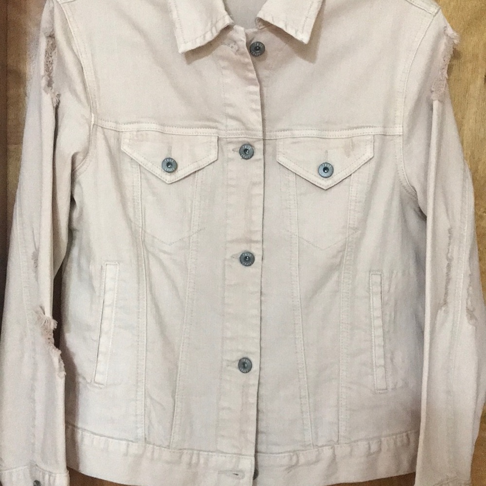 Blush distressed denim jacket